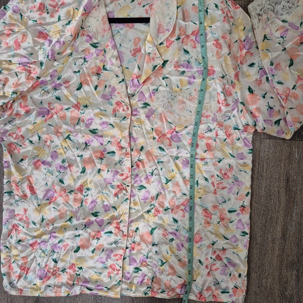 Vtg Victorias Secret Floral Pajama Set Top Pants Long Sleeve Lace Trim L - Picture 11 of 14